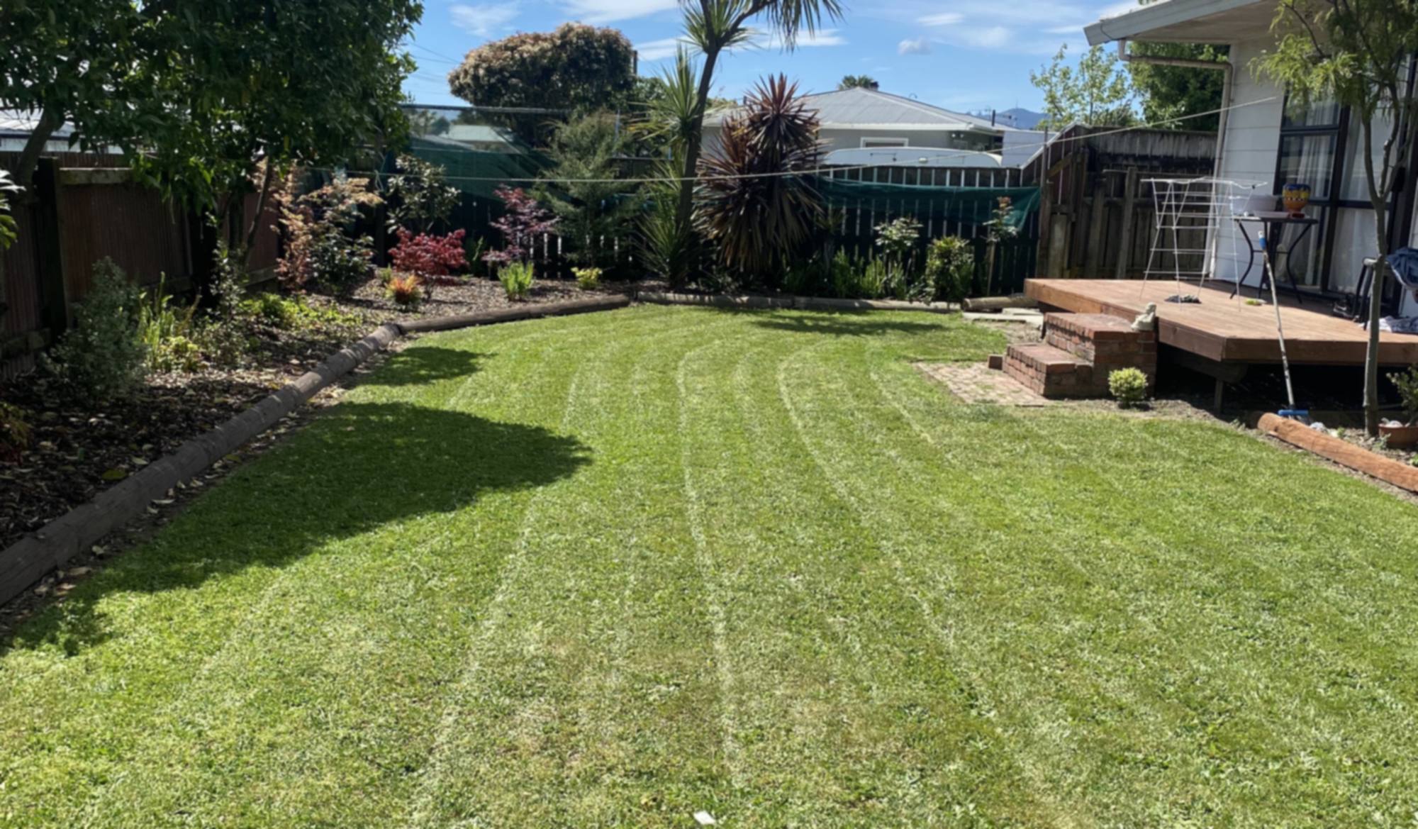 A freshly mown back lawn showing mowing stripes, edged along a planted border and a timber deck